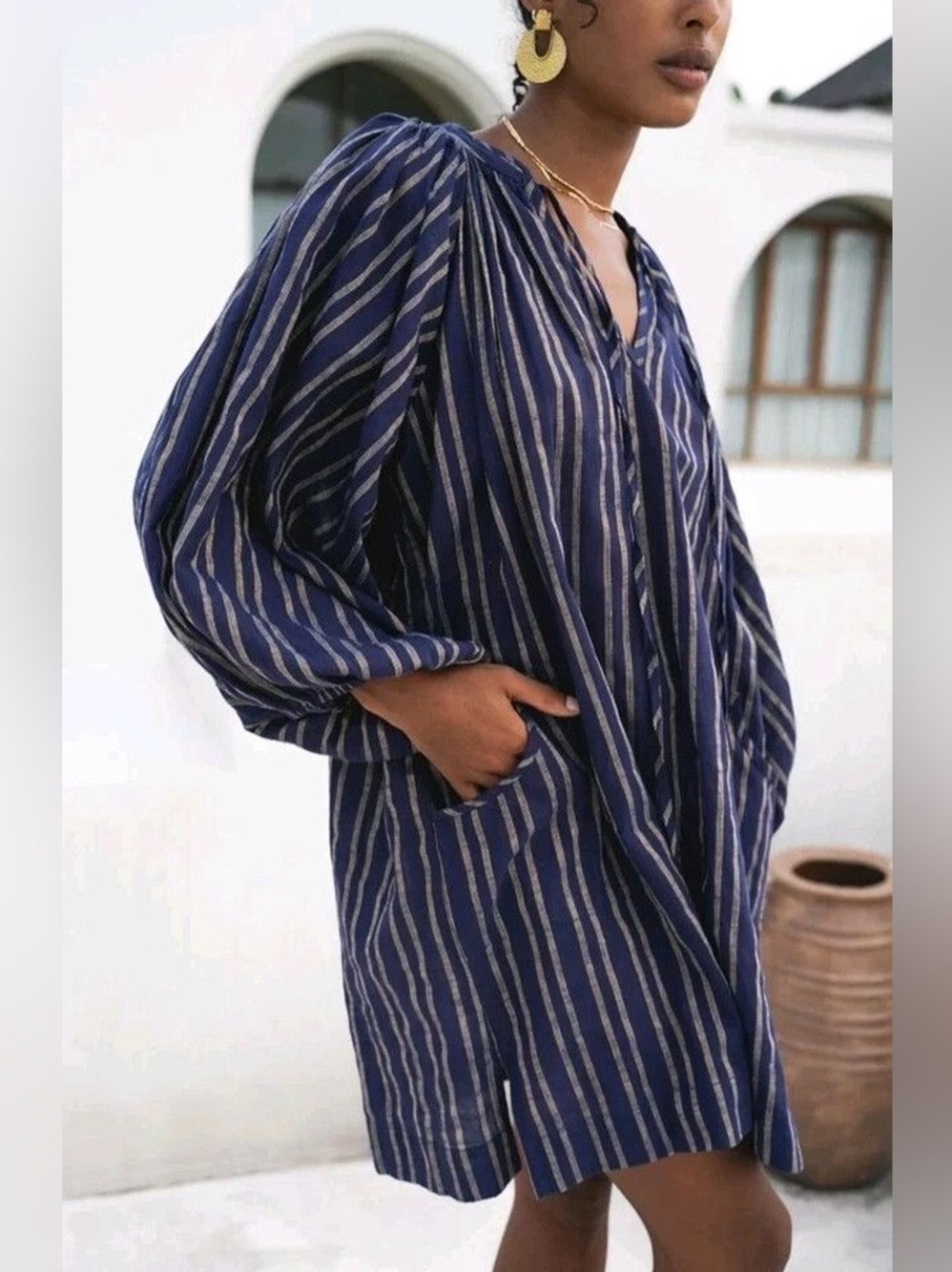Daughters of India Navy Blue Striped Maxi Dress